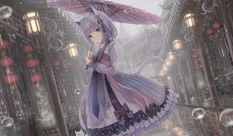 gothic anime girl, loli, umbrella, raining, street, cat girl, chinese houses, Anime, HD wallpaper