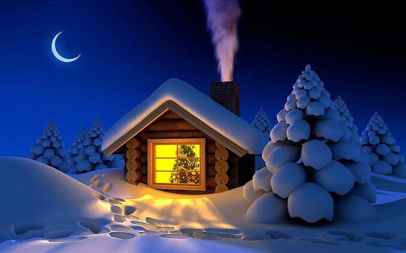  Invierno, paisajes de dibujos animados, ventisqueros, noche, cabaña de silvicultores, Fondo de pantalla HD