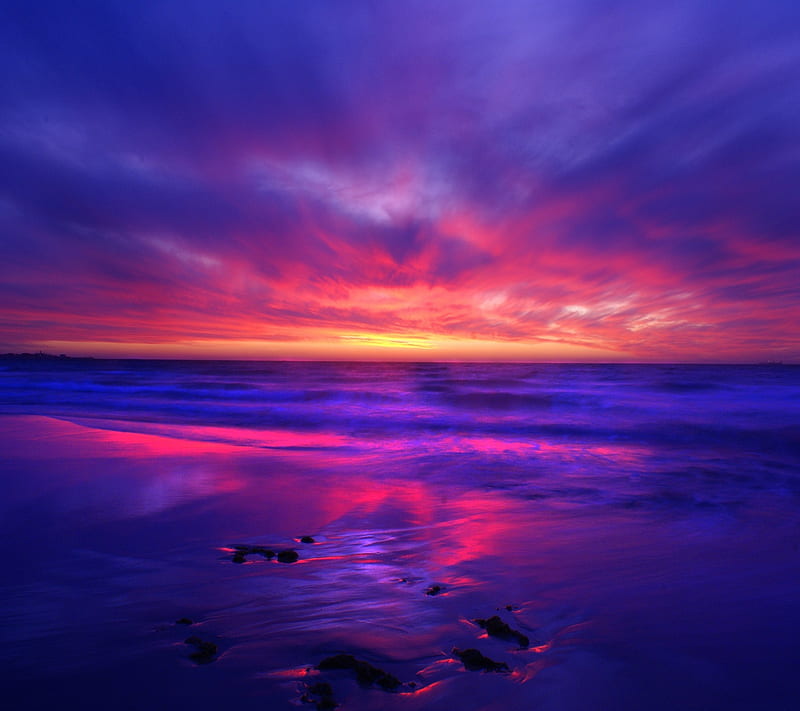 Beach Sunset, blue, magenta, orange, purple, red, HD wallpaper