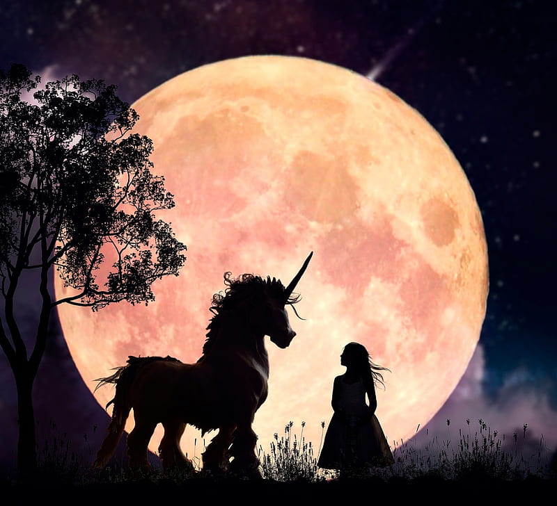 Moonlight, fantasy, moon, moon, girl, unicorn, tara lasher, black, silhouette, HD wallpaper