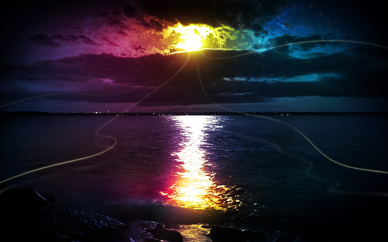 SEA LEVEL, rainbow, sky, clouds, sea, HD wallpaper