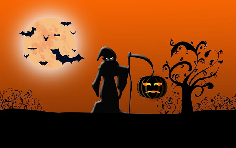 Halloween Night, Fall, bats, orange, jack o lantern, black, sickle, tree, moon, pumpkin, full moon, Halloween, Autumn, HD wallpaper