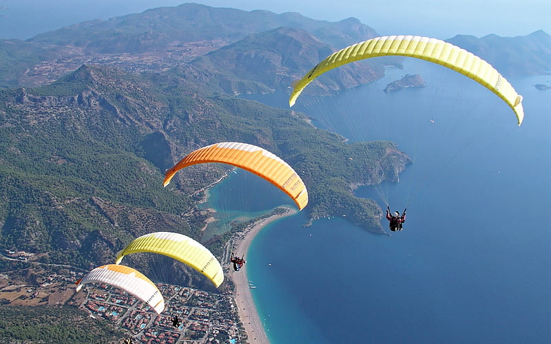 Paragliding, paraplans, lake, mountains, HD wallpaper