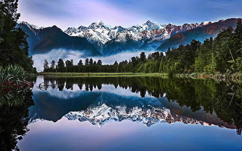 New Zealand, mountains, summer, fog, lake, morning, beautiful nature, HD wallpaper
