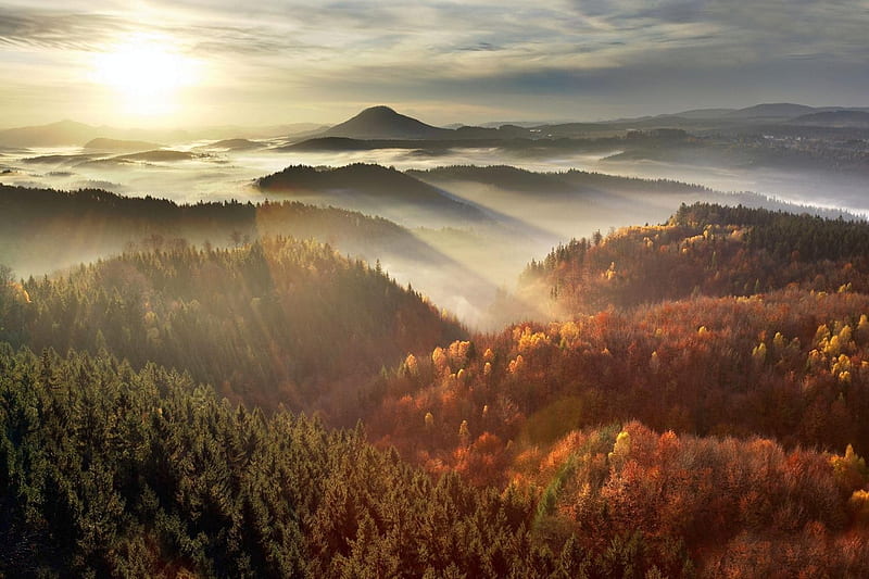 Sunset in Bohemia, Czech Republic, forest, autumn, sun, mountains, sky, mist, HD wallpaper