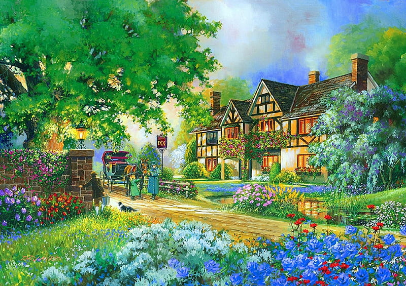 ✰Old Coach Inn✰, architecture, cottages, gardening, digital art, seasons, horse carriages, paintings, flowers, drawings, cabins, traditional art, dog, inn, love four seasons, creative pre-made, spring, coach, weird things people wear, outdoor, HD wallpaper