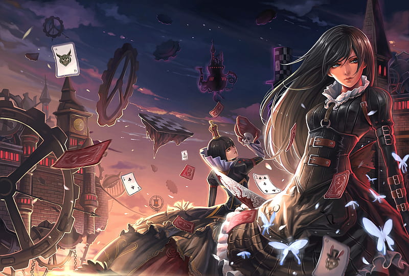 Queen of Hearts, dress, two girls, card, chessboard, fantasy, butterfly, hot, anime girl, sunrise, female, cloud, alice, sky, sexy, alice in wonderland, cool, gears, crown, alice madness returns, castle, skull, HD wallpaper