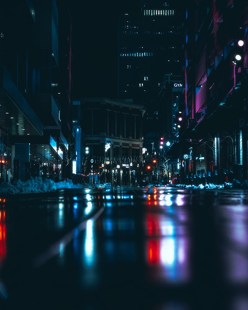 night city, road, dark, lights, reflection, HD phone wallpaper