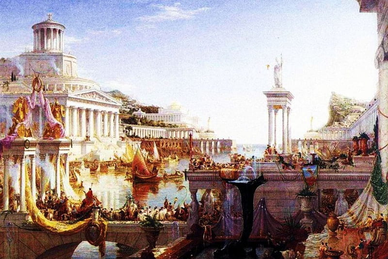 Empire, ancient, golden, decoration, artwork, boats, city, water, people, column, HD wallpaper