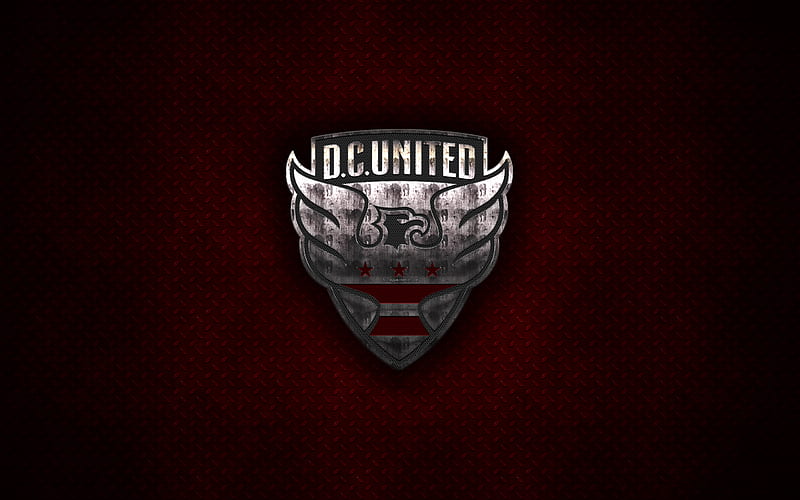 DC United FC metal logo, creative art, American soccer club, MLS, emblem, red metal background, Washington, USA, football, Major League Soccer, HD wallpaper