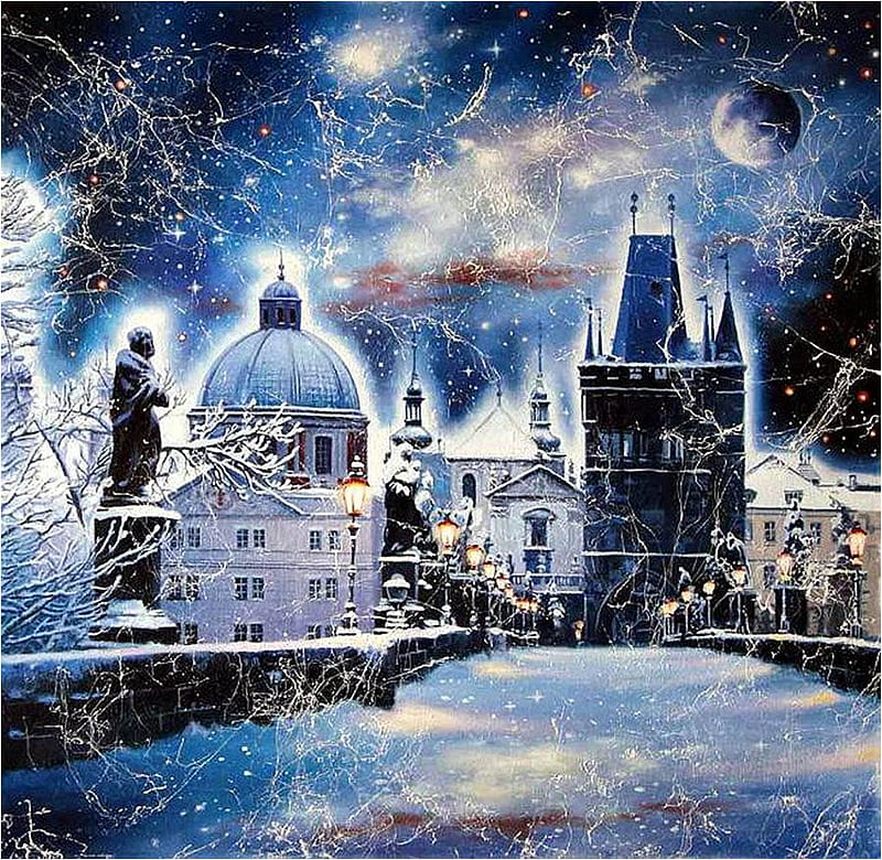 Vladimir Cherkasov. Charles Bridge, art, moon, city, statue, vladimir cherkasov, painting, night, winter, HD wallpaper