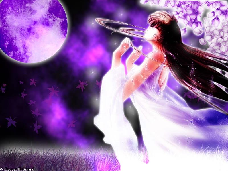 Yukirin art 2, yukirin, moon, purple, girl, anime, HD wallpaper