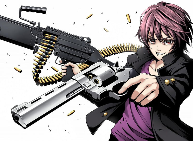 Going all out, male, purple hair, white background, weapons, guns, bullet shells, purple eys, bullets, jacket, anime, HD wallpaper