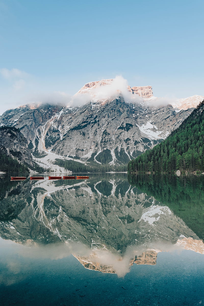 lake, mountains, boats, shore, water, reflection, HD phone wallpaper