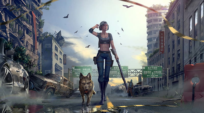 Girl With Gun Walking Downtown With Dog, artist, artwork, HD wallpaper