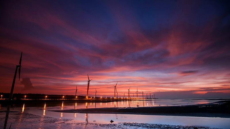 turbine windmills along a seashore at twilight, shore, windmills, twilight, sea, low tide, HD wallpaper
