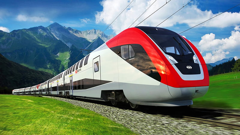 canadian bombardier made train in the mountains, track, train, mountains, electric, clouds, meadow, HD wallpaper