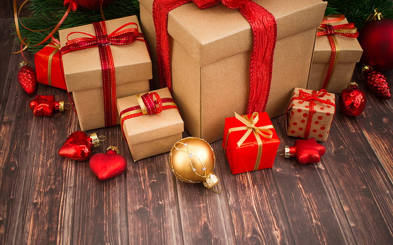 Craft Christmas gifts boxes with red bows, Christmas background, Happy New Year, Red christmas decoration, Golden christmas ball, HD wallpaper