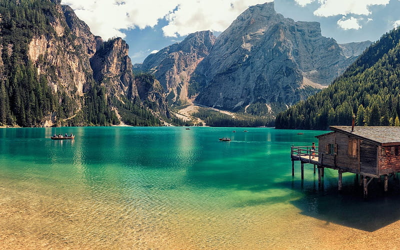 Italy, summer, Lake Bryes, mountains, Dolomites, HD wallpaper