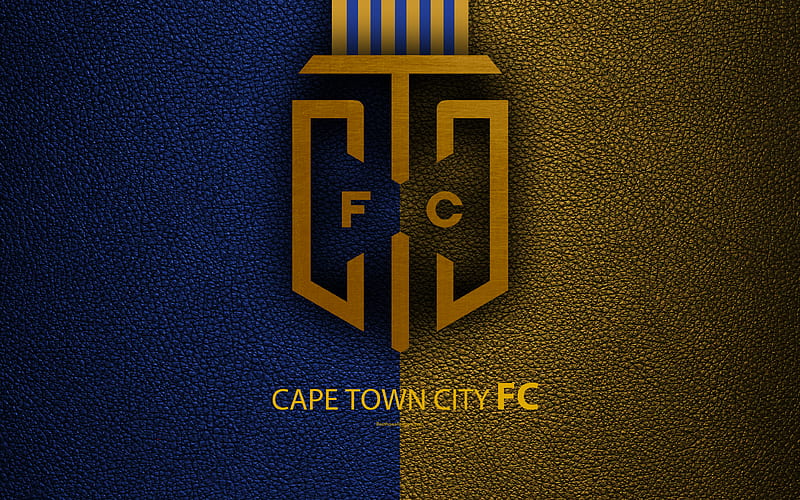 Cape Town City FC leather texture, logo, South African football club, blue yellow lines, emblem, Premier Soccer League, PSL, Cape Town, South Africa, football, HD wallpaper