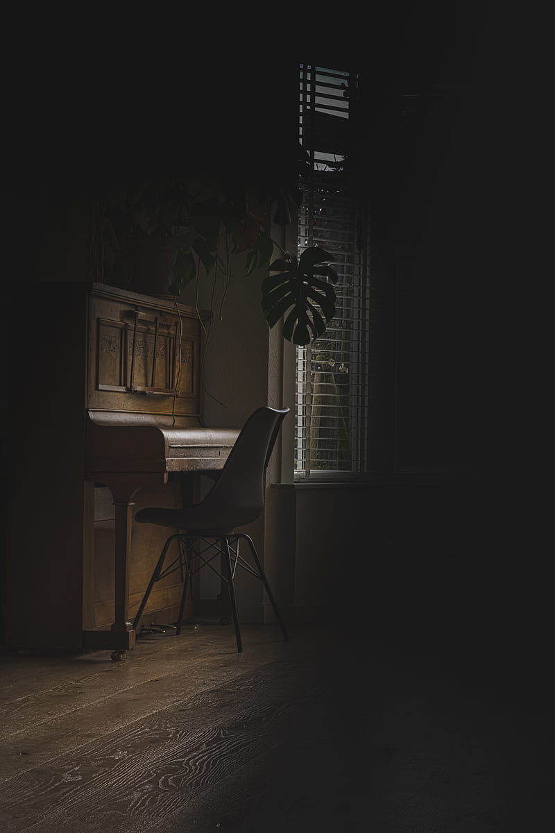 piano, chair, room, dark, HD phone wallpaper