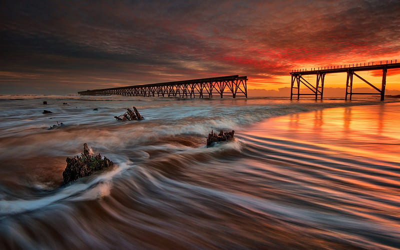 wooden pier, sea, sunset, waves, beach, England, HD wallpaper