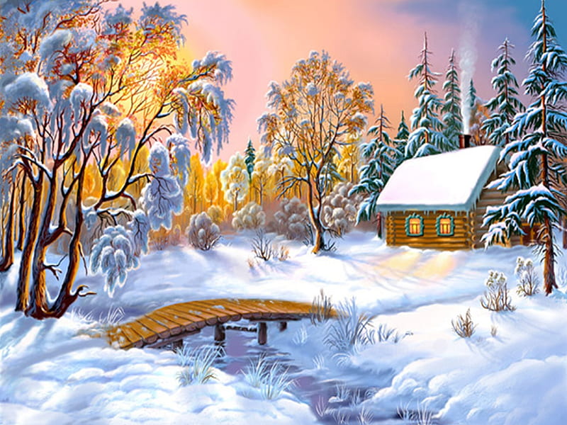 Beautiful Winter, pretty, house, cottage, cabin, bonito, sunset, bridge, painting, beauty, river, art, lovely, houses, colors, creek, sky, trees, winter, tree, water, snow, peaceful, nature, white, HD wallpaper