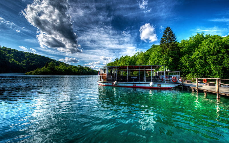 Plitvice Lakes, beautiful lake, summer, forest, trees, ship, Croatia, Plitvice Lakes National Park, HD wallpaper
