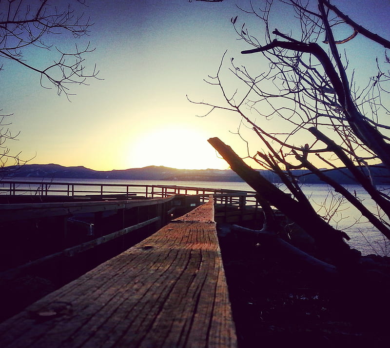 Tahoe, dock, lake, sunset, HD wallpaper