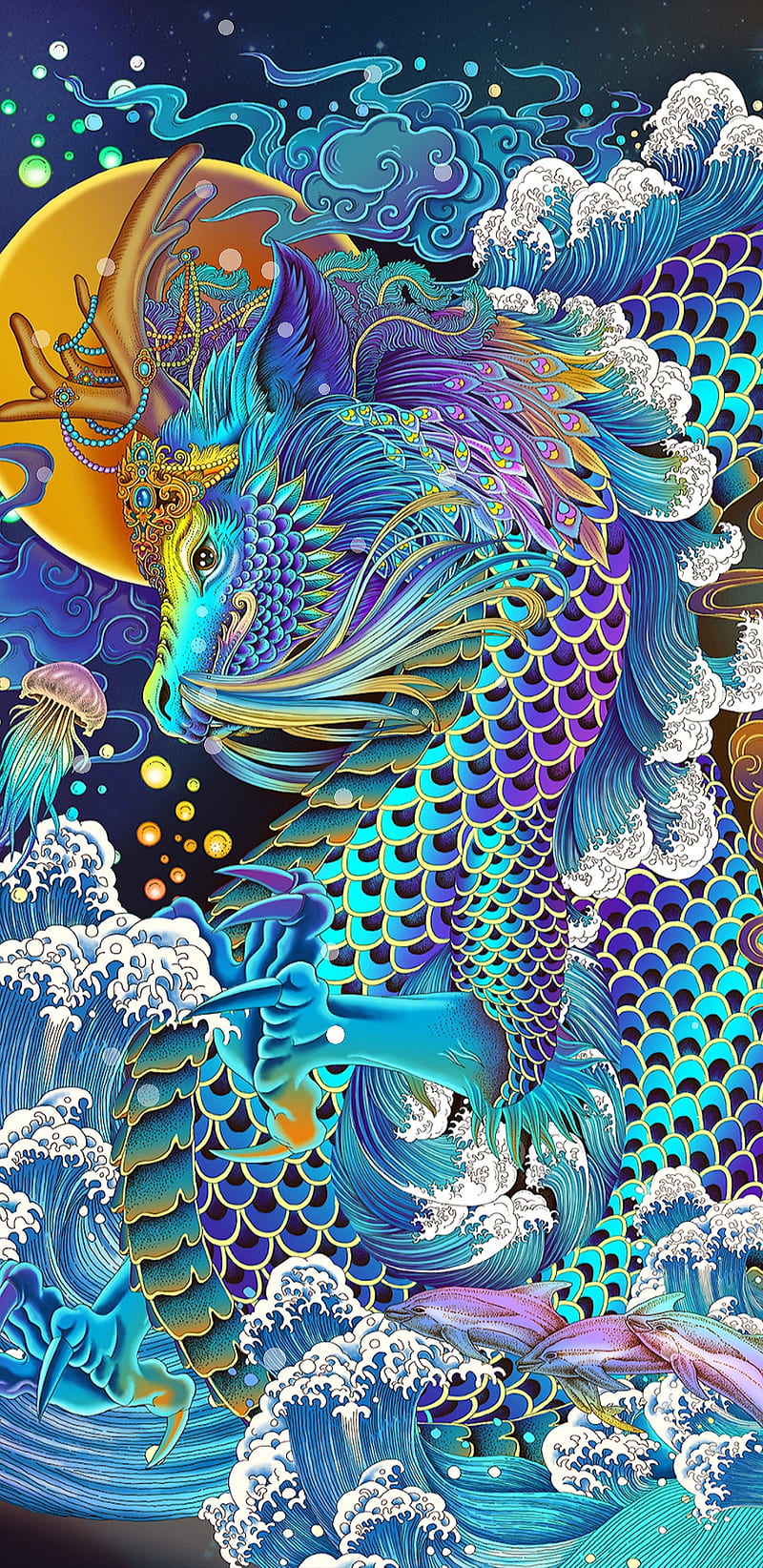 RainbowDragon, chinese, colourful, dragon, illusion, lucky, rainbow, HD phone wallpaper