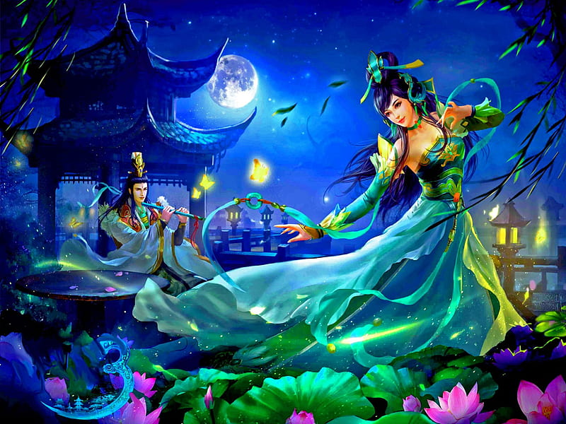 Midnight Dance, fantasy, moon, lotus, butterfly, eastern, magic, dance, HD wallpaper Midnight Dance, fantasy, moon, lotus, butterfly, eastern, magic, dance, HD wallpaper