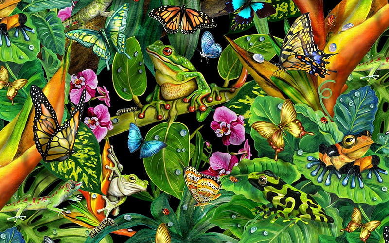 Many Different Kinds, frogs, greenier, flower, nature, puzzle, HD wallpaper