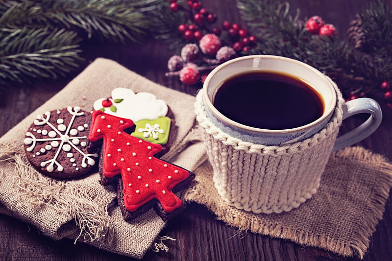 Merry Christmas!, red, cookies, tree, coffee, gingerbread, craciun, christmas, cup, HD wallpaper