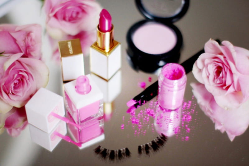 Pink Make up, eyeshadow, soft, lipstick, pink roses, enamel, for girl, small mirror, beauty, pastel, pink, HD wallpaper