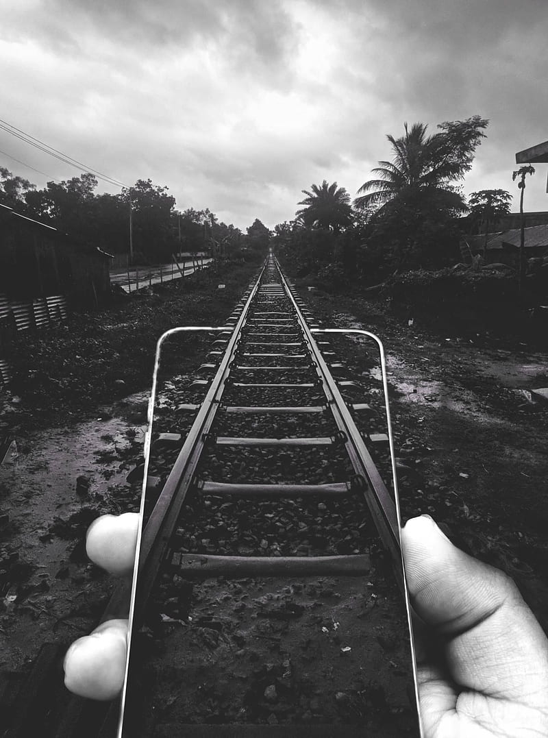 Railway, hand, manipulation, mobile, nature, graphy, rail-line, HD phone wallpaper