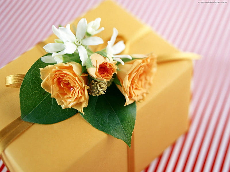 Beautiful Gift with Flowers, gift box, bouquet, flowers, yellow, bonito, white, HD wallpaper