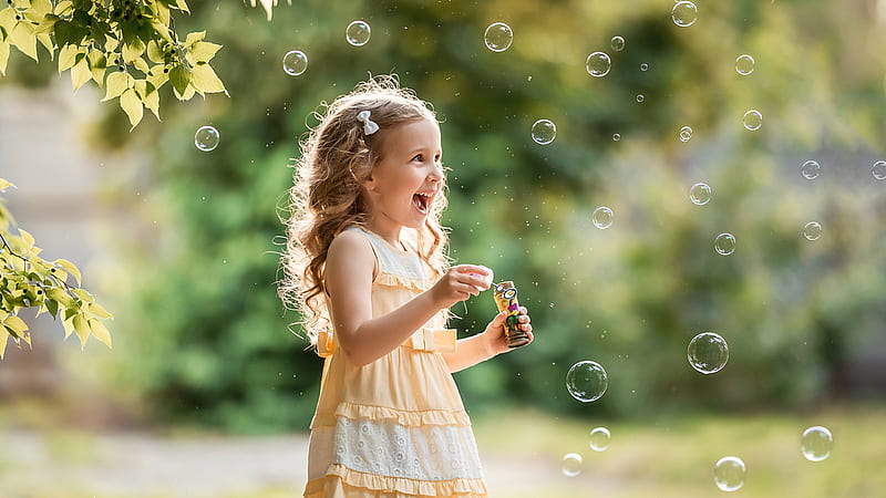 Smiling Little Girl Child Is Playing With Bubbles Cute, HD wallpaper
