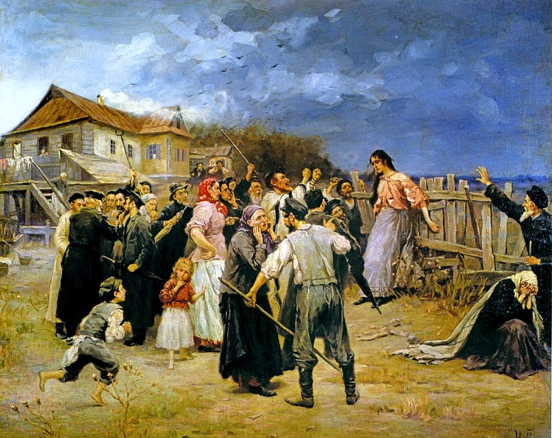 Victim of fanatics by Nikolai Pimonenko, pictura, fence, man, rural life, people, woman, peasant, art, painting, nikolai pimonenko, HD wallpaper