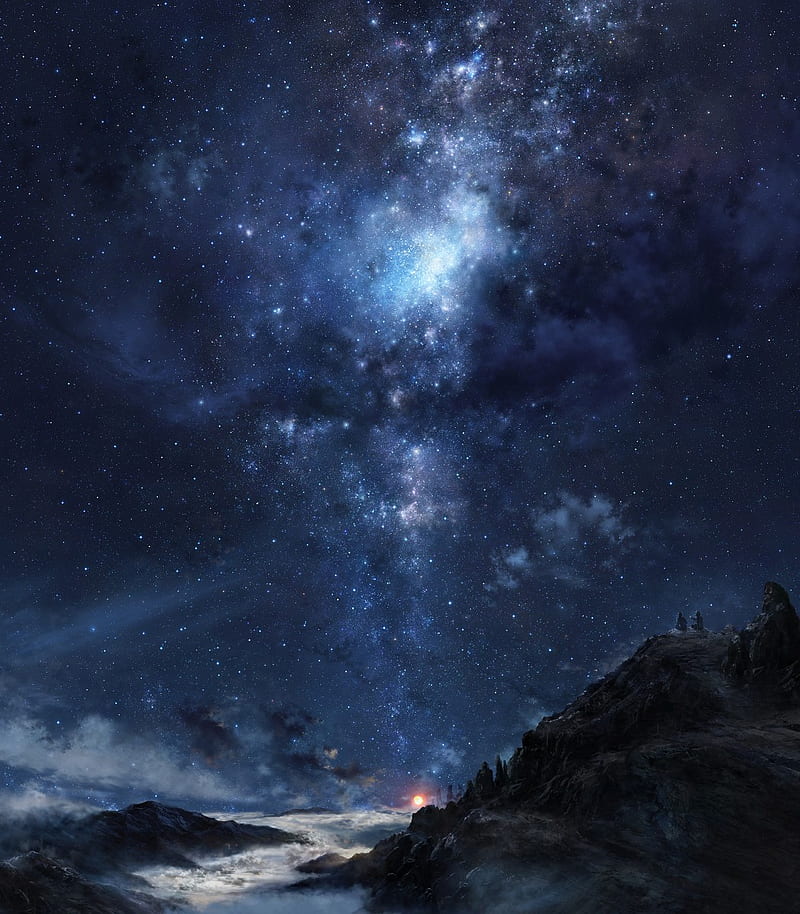 stars, galaxy, clouds, sky, nebula, mountains, night, HD phone wallpaper