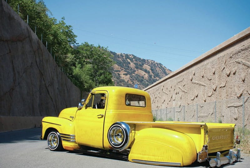1951-Chevrolet-Truck, Yellow, GM, Bowtie, Lowered, HD wallpaper