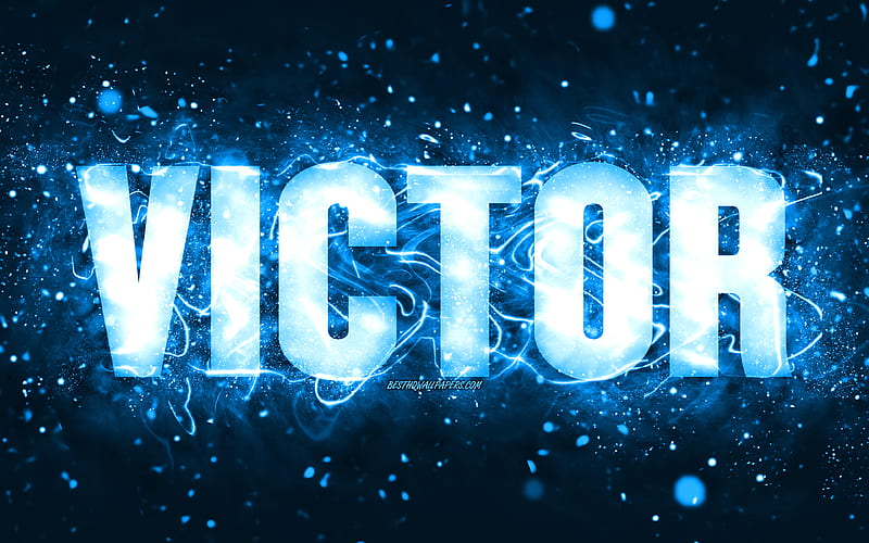 Happy Birtay Victor, blue neon lights, Victor name, creative, Victor Happy Birtay, Victor Birtay, popular american male names, with Victor name, Victor, HD wallpaper