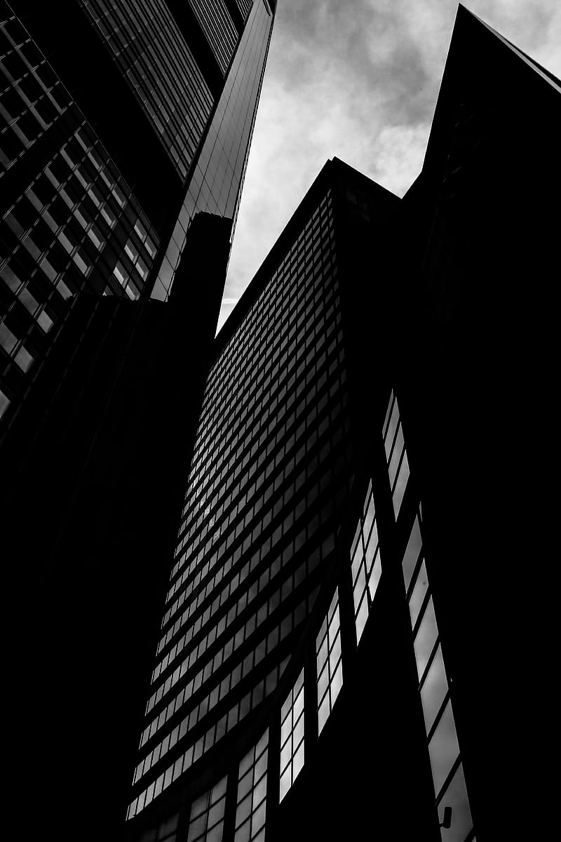 skyscrapers, buildings, windows, bottom view, light, black, HD phone wallpaper