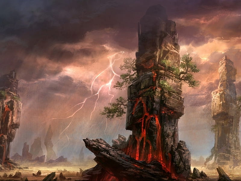 fantasy landscape, rock formations, lightning, lava, blue sky, trees, clouds, HD wallpaper