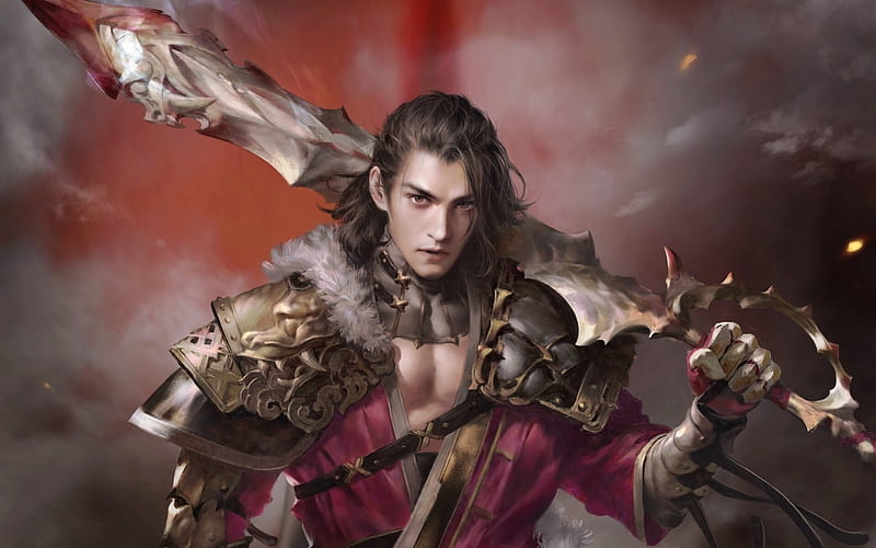 Warrior, armor, red, fantasy, luminos, mingzhu yang, man, sword, HD ...