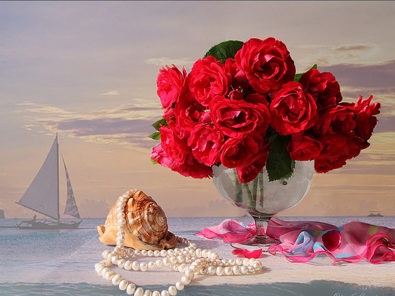 Ocean dreems, still life, boat, ocean, flowers, pearls, shells, sky, HD wallpaper