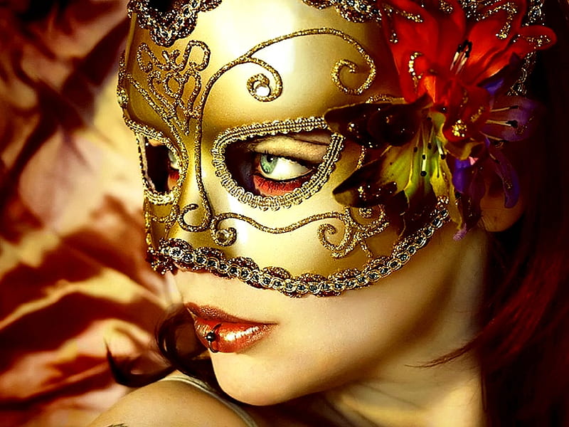 Masquerade Beauty, masquerade, babe, mask, golden, HD wallpaper