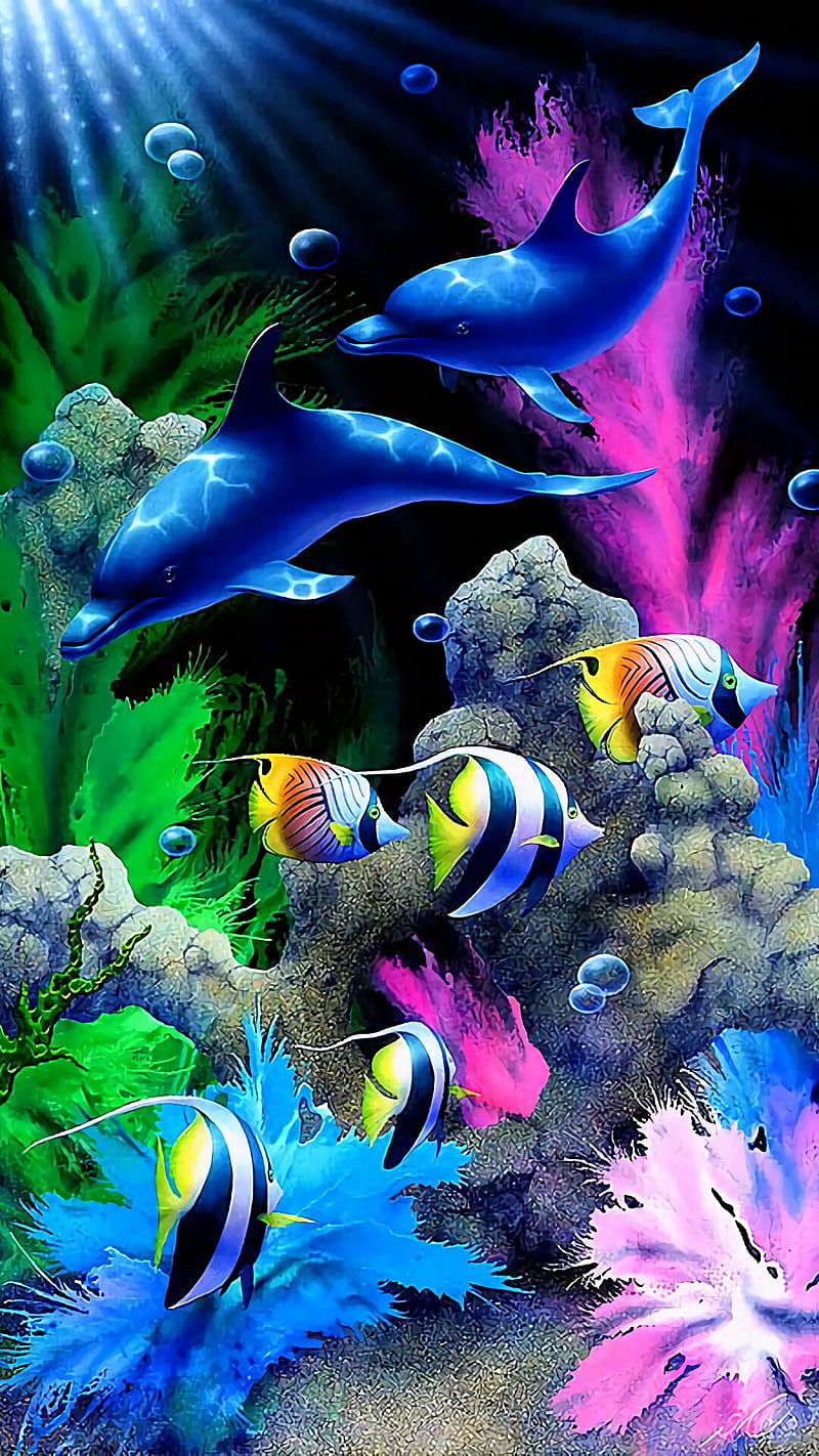 Under the ocean, bubbles, colorful, dolphin, fish, plants, water, HD phone  wallpaper | Peakpx