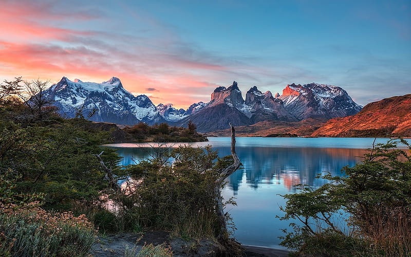 Torres del Paine, sunset, mountains, lake, Patagonia, Chile, HD wallpaper