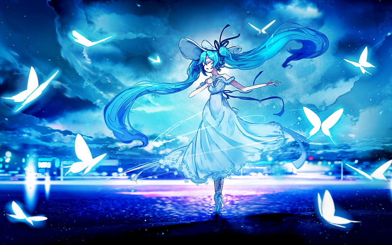 Hatsune Miku, white butterflies, Vocaloid Characters, manga, kimono, Vocaloid, Miku Hatsune, HD wallpaper