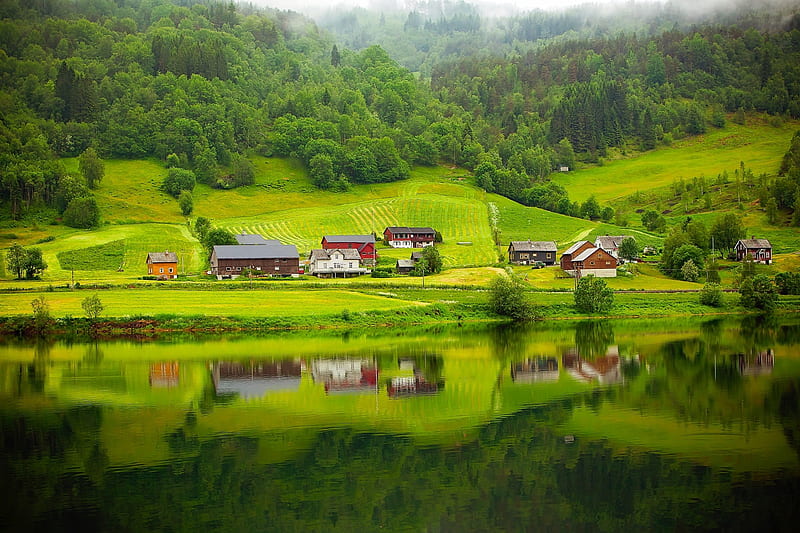 Beautiful country, farms, nature, bonito, country, barns, lake, rural, houses, graphy, green, HD wallpaper